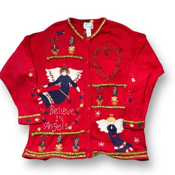 Vintage 90s Quacker Factory Believe In Angels Christmas Sweater 1X Red Cardigan - Picture 1 of 10